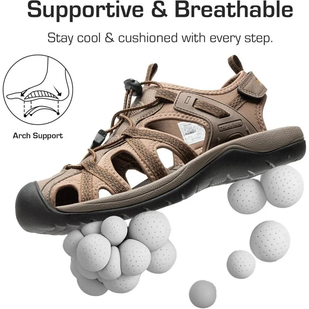 Casual Hiking Sandals Men's Khaki Athletic Cushioned Closed Toe Fisherman Shoes